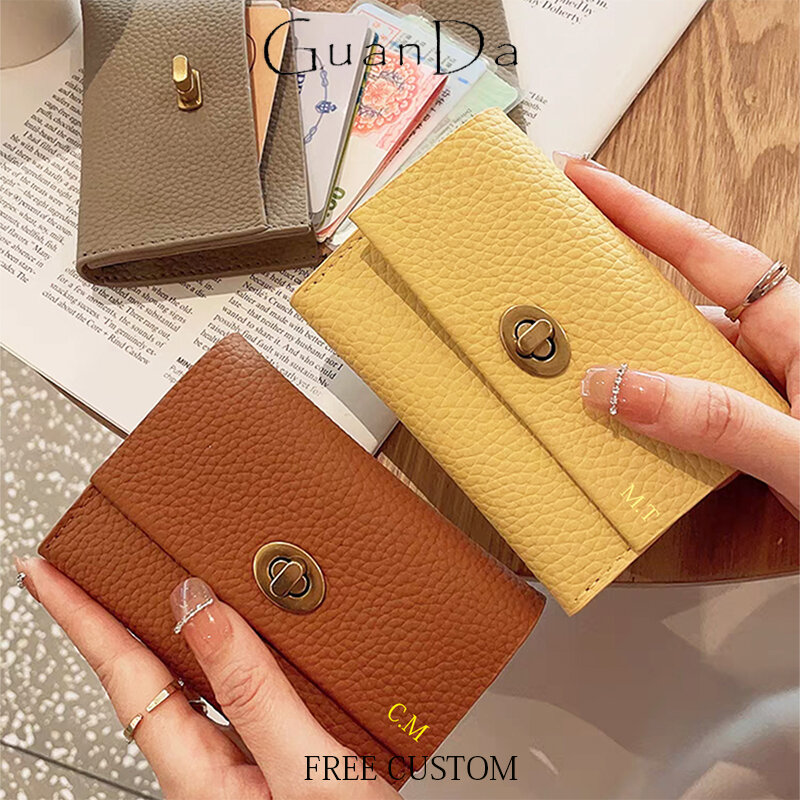 Dompet Kartu desain mewah dompet kartu kulit asli wanita tempat kartu dompet koin Fashion nama kustom dompet gaya Korea Mini kulit sapi