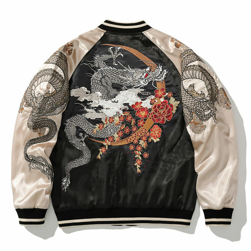 Jaqueta casual bordada masculina, uniforme de beisebol, dragão, animal, cor de contraste, casal de roupas, primavera e outono