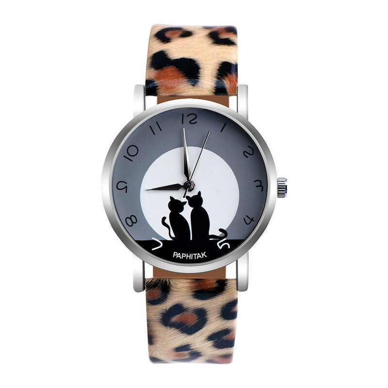 Часы наручные женские кварцевые с круглым циферблатом, Милая модель с изображением кошачьего лица, кожа, аналоговые, подарок на день рождения