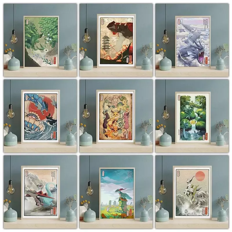 Classic Anime Pokemon Canvas Painting Chinese Style HD Poster and Print Watercolor Wall Art Picture Home Decor Kids Gifts