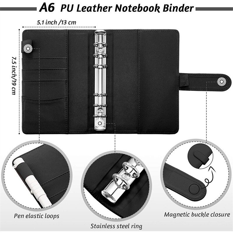 A6 Budget Binders Planner com Zipper, Envelopes, Carteira NoteBook, Organizador de Dinheiro, Sistema de Dinheiro, 6 Buracos, 8 Zipper, 2 Adesivos em 1