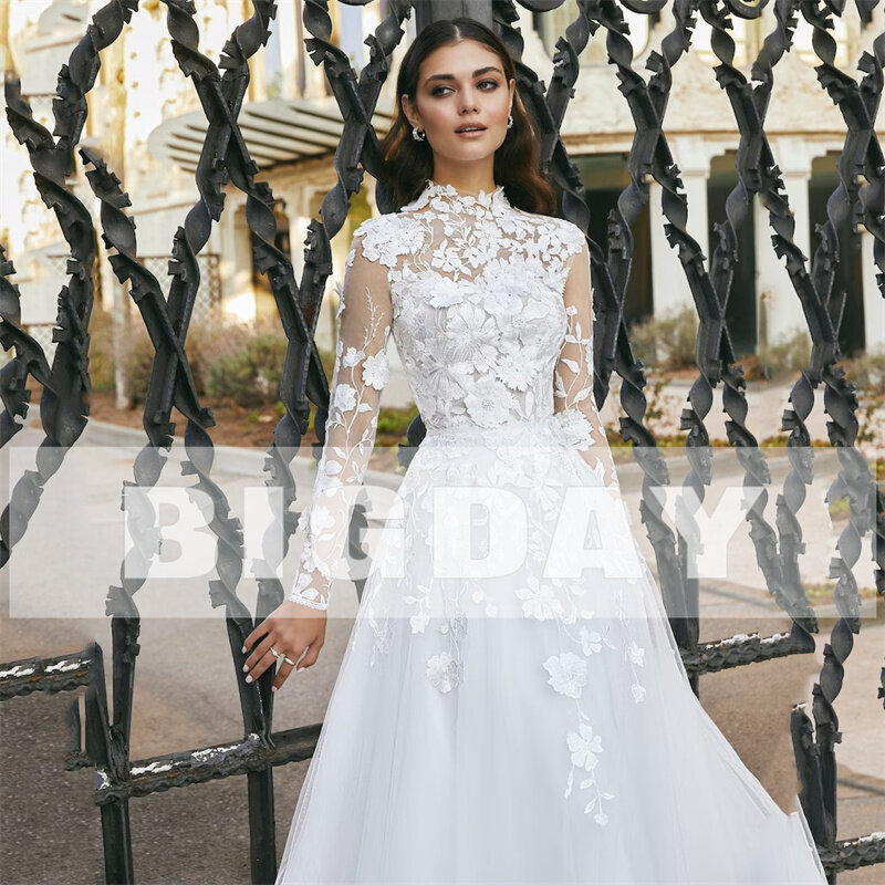 Elegant A-Line Wedding Dresses Women Lace Illusion Back Long Sleeve Lace High Collar Bridal Gown Sweep Train Vestidos De Noiva