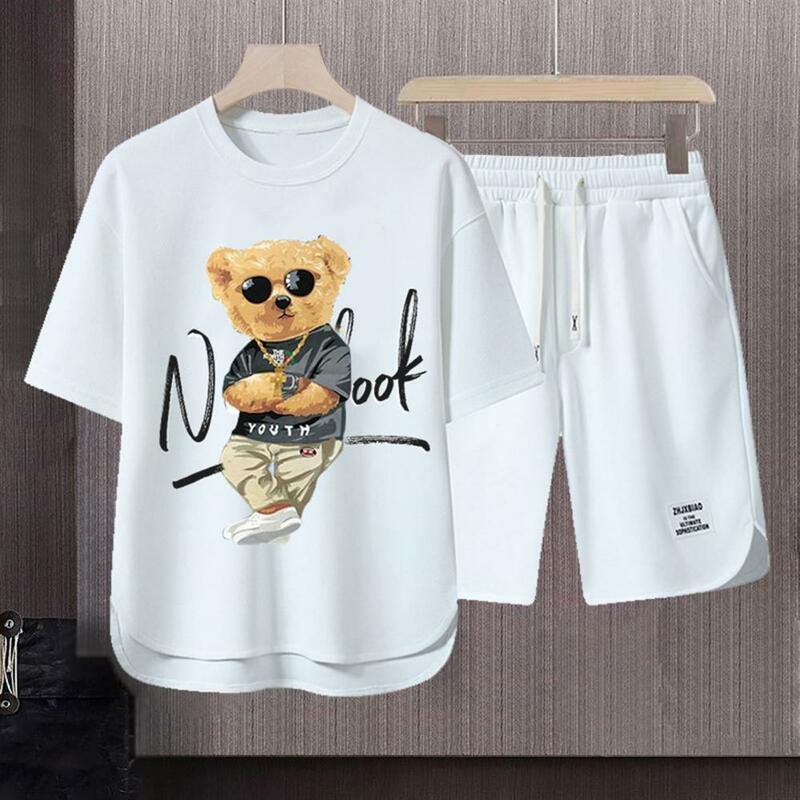 Letter Print Short-sleeve Tee Men's Summer Cartoon Bear Print Tracksuit Set with Short Sleeve T-shirt Elastic for Sportswear