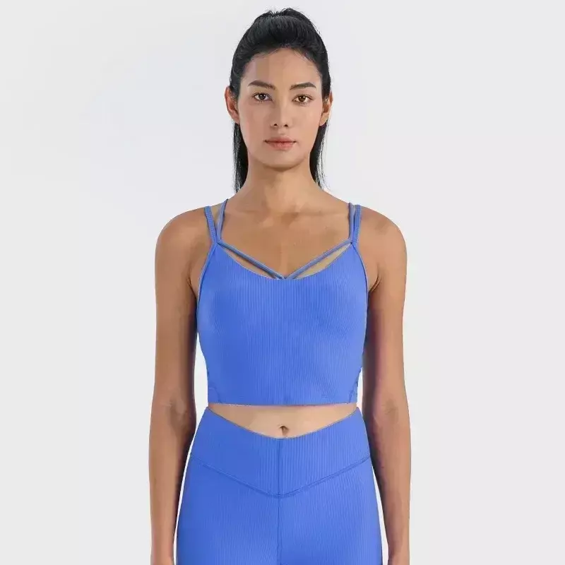 Limão Alinhar Strappy Tanque Yoga Sports Vest com Peito, Sexy Cinto Fino, com nervuras Alta Elastic Correndo Sports Sling Bra