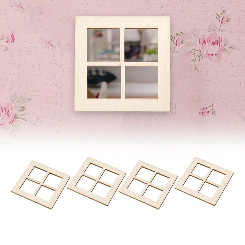 4 buah miniatur kayu jendela 1/12 ornamen kerajinan aksesoris rumah boneka furnitur kayu jendela untuk DIY dekorasi rumah boneka