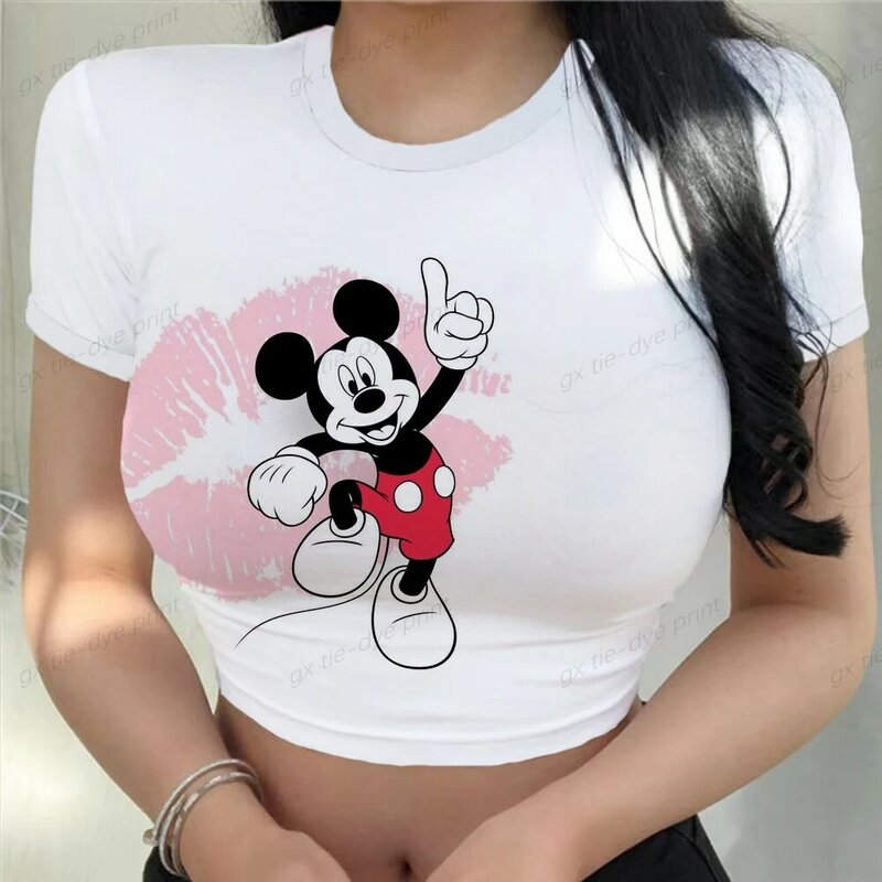 Disney Minnie Mickey ฤดูร้อน Slim Tee Tops Streetwear Gothic Harajuku กราฟิกพิมพ์เสื้อยืดผู้หญิง Vintage Crop Top Y2K เสื้อผ้า