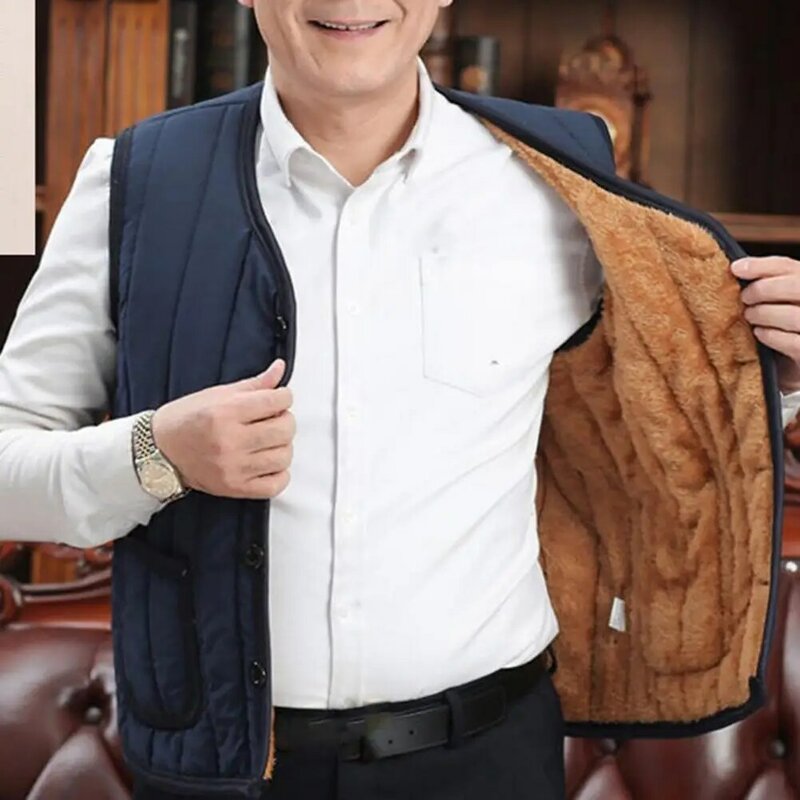 Chaleco de invierno para hombre, chaquetas gruesas de Color sólido sin mangas, con cuello en V, cálidas, de una sola botonadura, de felpa