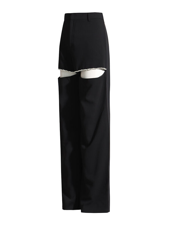 ROMISS patchworkowe spodnie z diamentami dla kobiet z wysokim stanem luźne, dorywczo wydrążone jednokolorowa odzież sportowa szerokie spodnie nogi kobiecej mody