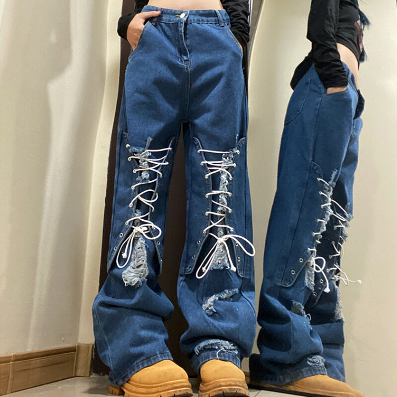 High street casual rendas acima rasgado jeans baggy y2k design de moda feminina hip hop calças casais até o chão calças jeans calças largas