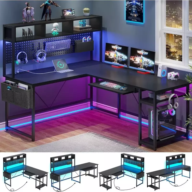L-shaped Game Table, Reversible Computer Table with Power Socket and Pin Board, Game Table with LED Light, Black