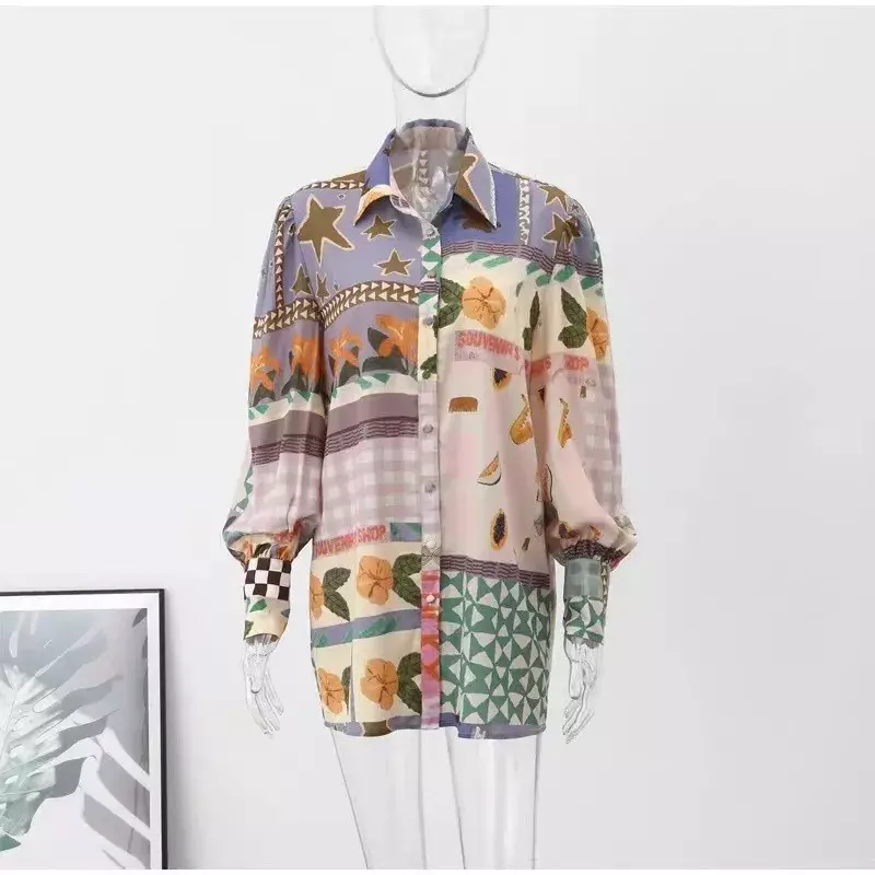 Camisa de manga larga con cuello de Polo para mujer, Tops holgados informales con estampado de pintura de colores, moda elegante, novedad, OFE16