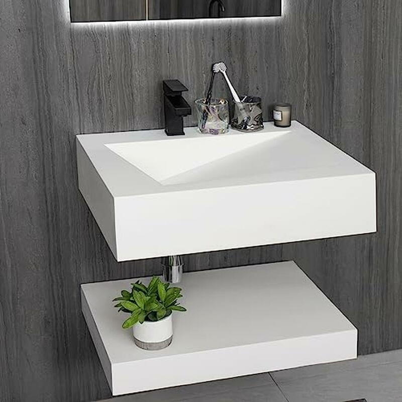 Modern Wall-Mount Rectangular Bathroom Sink Floating Vanity Shelf Set Stone Resin Vessel Sinks White Trough Drainage Smooth