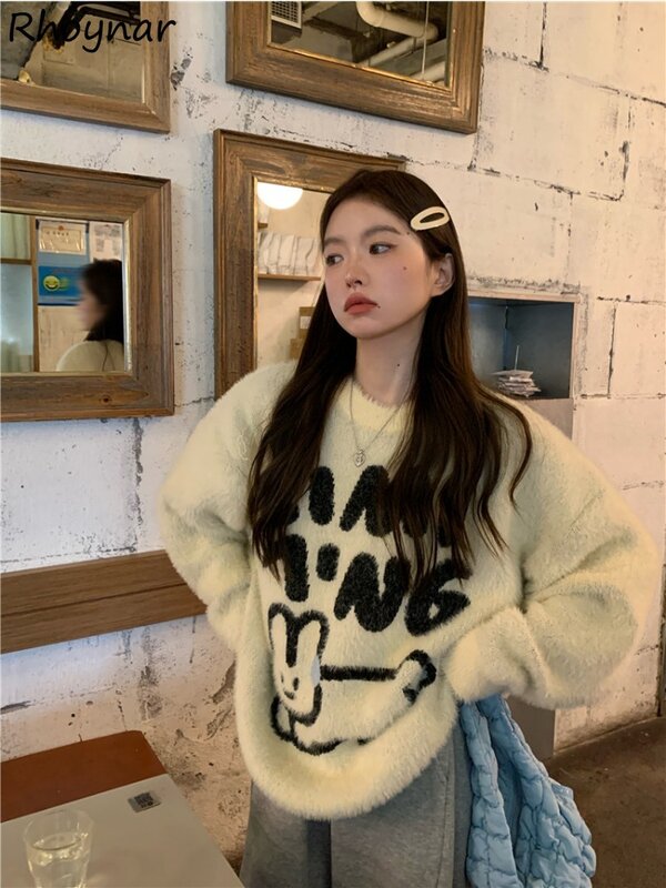 Шикарные вязаные пуловеры с мультяшным Кроликом, женские модные мягкие пушистые удобные Молодежные популярные милые свободные свитера для отдыха для девочек