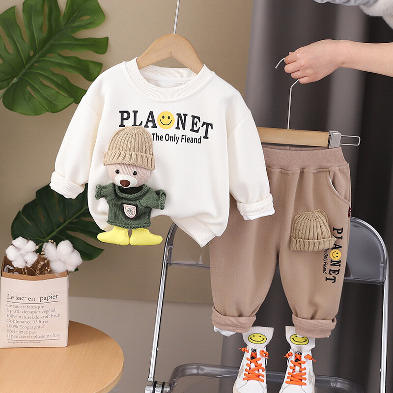 Весенняя одежда для маленьких мальчиков от 12 до 18 месяцев, одежда для детей, корейский мультяшный пуловер, футболки с длинным рукавом и штаны, спортивные костюмы, 2024