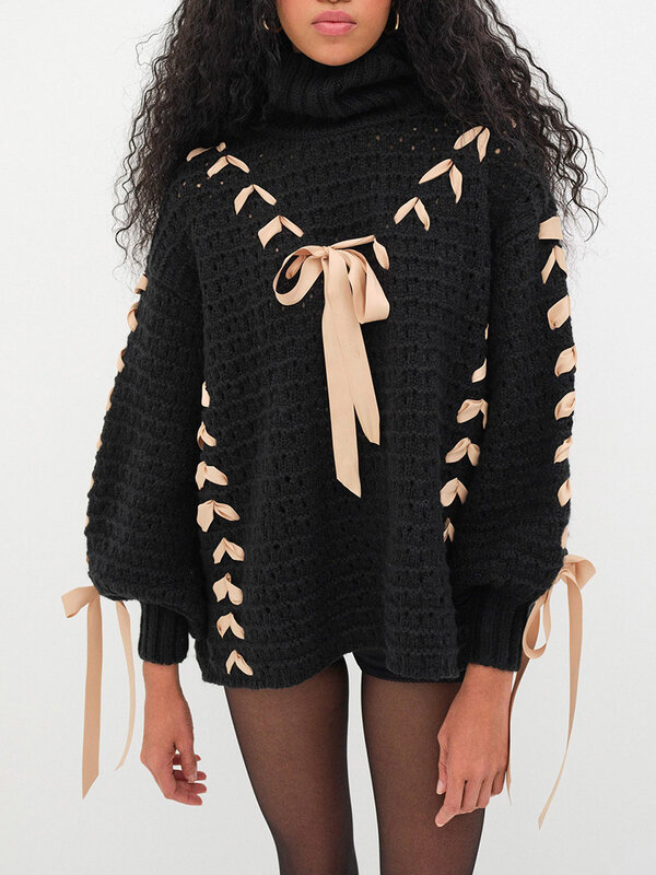 Sweater rajut wanita, Turtleneck lengan panjang warna kontras Tie-up Pullover hangat untuk musim gugur musim dingin