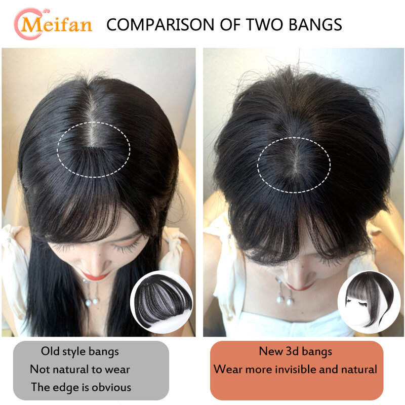 Meifan-人工毛クリップイン前髪延長、偽のフリンジ、自然つけ前髪、トッパーかつら、見えないクリトリスビッグバン、3
