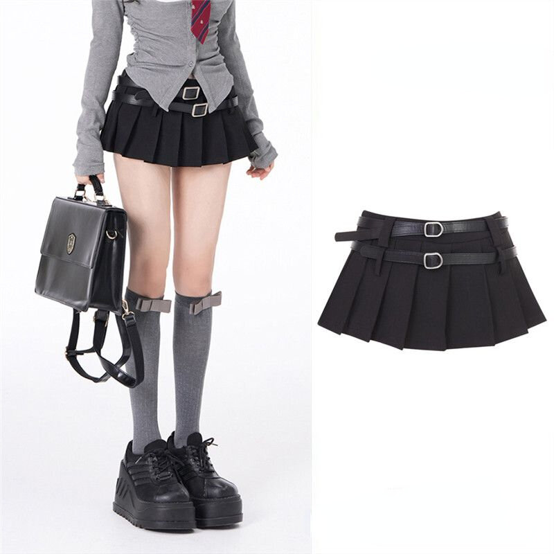 Falda de estilo coreano Harajuku Kawaii, minifalda plisada de estilo Campus para chica, falda de línea a de cintura alta que combina con todo, color negro, Y2k