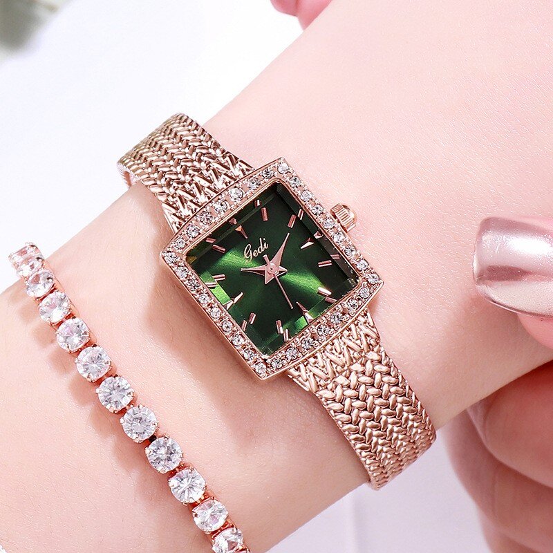 Retro kwadratowy zegarek damski luksusowy diament zdobienie wysokiej klasy zegarek na rękę siateczkowy pasek damski zegarek kwarcowy