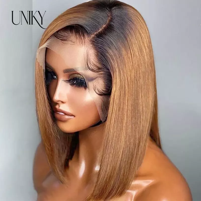 Short Straight Human Hair Ombre Blonde Cheap Short Bob Straight Wig For Black Women Transparent Lace Frontal Indian Straight bob