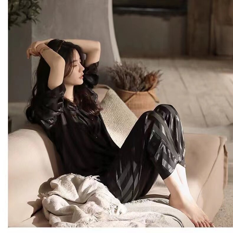Pyjama en soie pour femme, ensemble 2 pièces, manches longues, pantalon fin, ample, printemps et automne