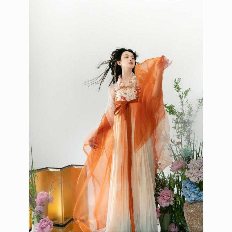 레드 한푸 여성 오렌지 체불 스커트, 당나라 스타일, 큰 소매 자수, 슈퍼 요정, 한족 요소, 용수철 가을
