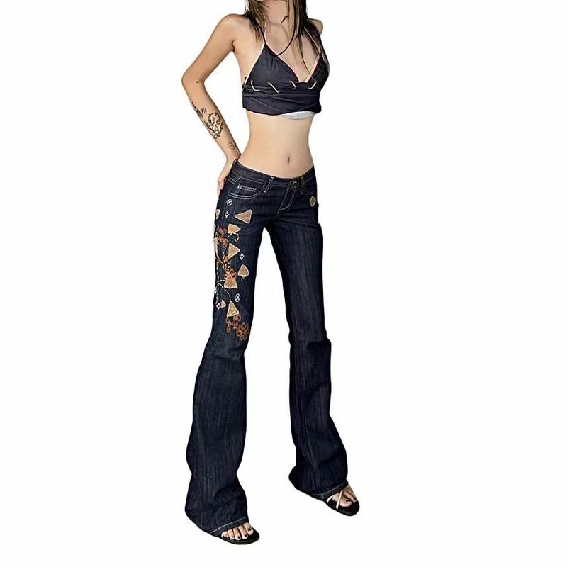 Vintage amerykańskie haftowane dżinsy Flare damskie elastyczność dżinsy z dzwoneczkami jasnoniebieskie spodnie duże rozmiary kobiece dżinsy na co dzień