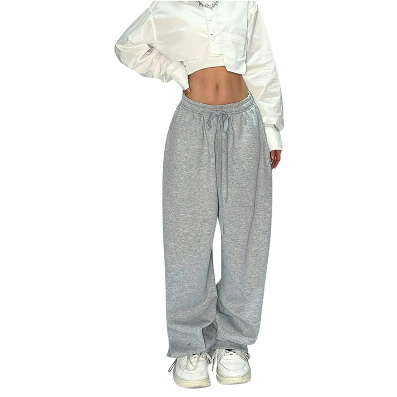 Calça cinza larga feminina, calça retrô de cintura alta Harajuku Y2K 90s, calça de jogger de rua hip-hop, novo, 2024
