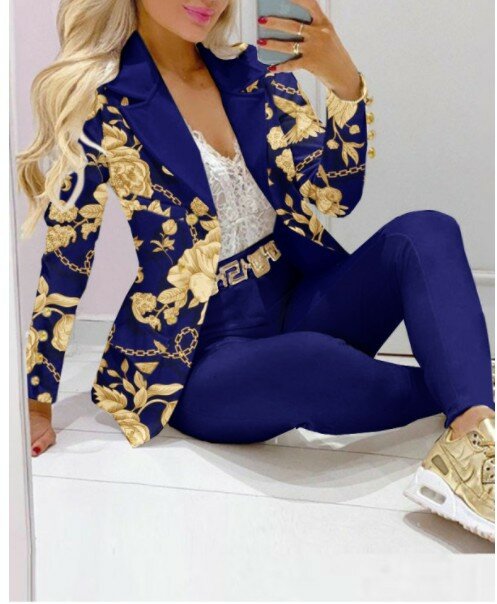 2022 Spring Autumn Long Sleeve Outfits Sexy Solid Office Lady Two Pice Sets Notched Collar Button Top Blazer and Long Pants Suit