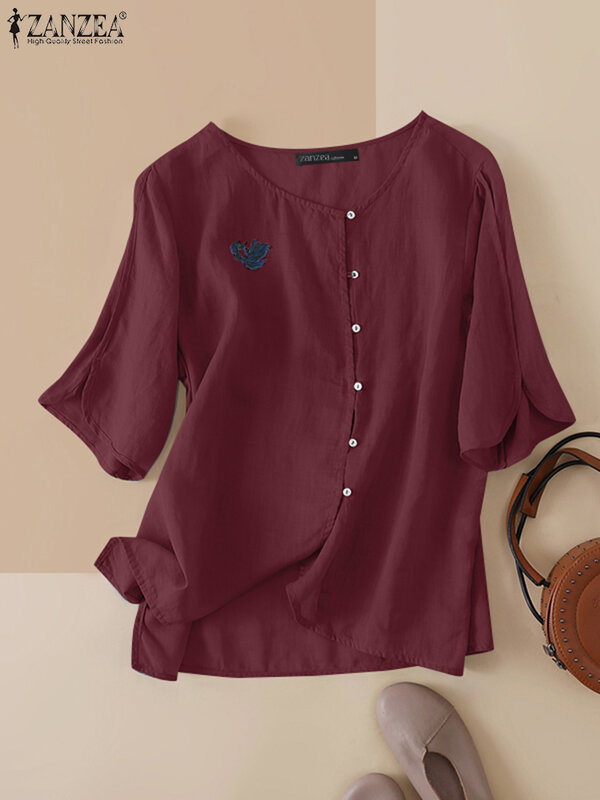 Blusa feminina de meia manga, camisa vintage, bordado floral, OL elegante, tops de trabalho, camisa solta casual, verão