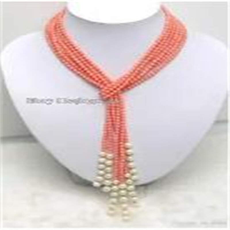 SALE Long 50" Natural 3 Strands Pink round Coral & White Pearl Necklace-nec