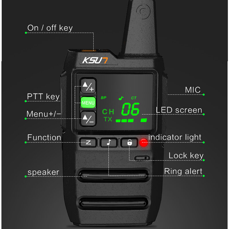 Mini Walkie Talkie com fone de ouvido, Rádio Amador, Estação portátil, Dispositivo de Comunicação sem fio, KSUT GZ2, 2pcs incluído