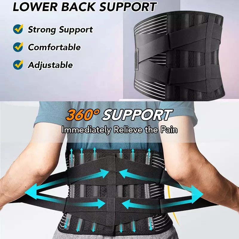 New Back Lumbar Support Belt Men Spine Decompression Waist Trainer Adjustable Back Brace for Lower Back Pain Relief with 6 Stays