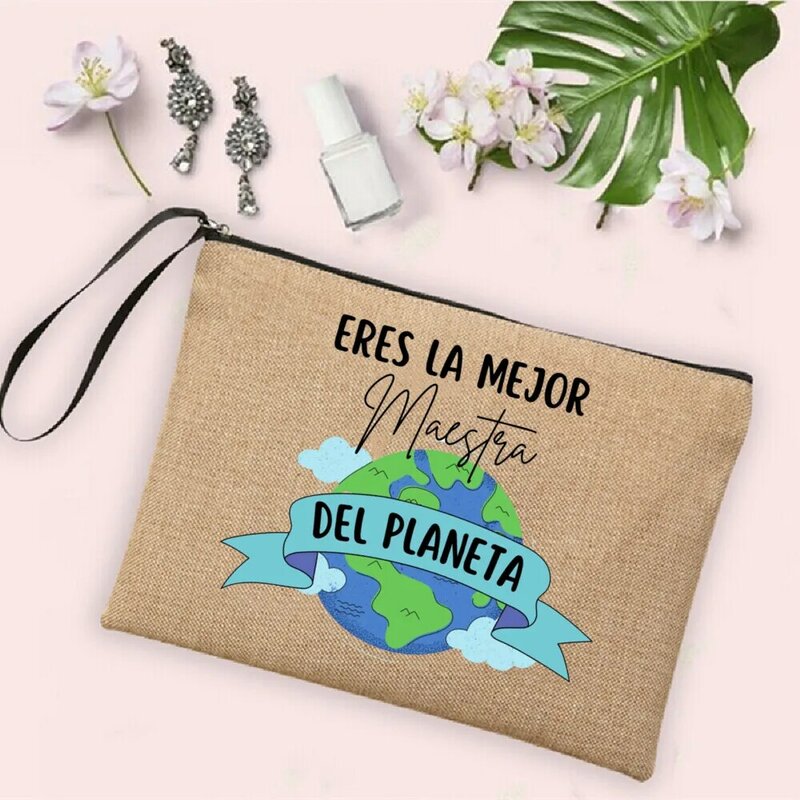Bolsa de maquillaje con estampado en español, Neceser de lino para profesores, organizador de artículos de tocador, bolsas de lápices escolares, regalos para profesores