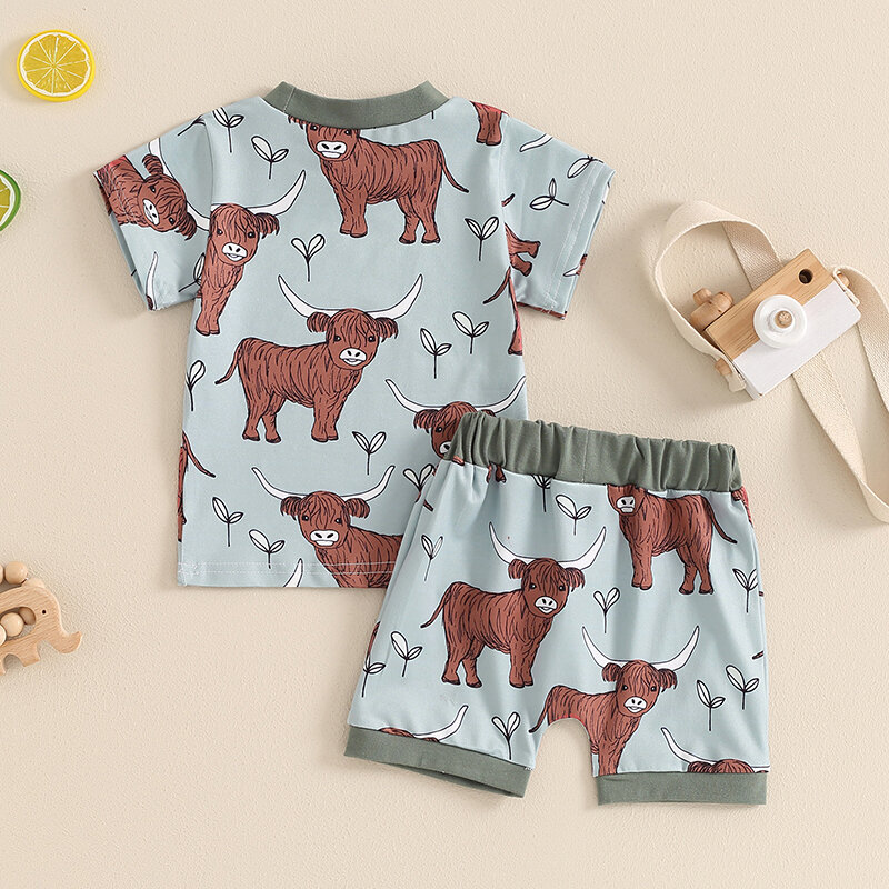 2024-04-03 Lioraitiin Toddler Boys Girls Summer Outfits Western Cow Print Short Sleeve T-Shirts Tops and Shorts 2Pcs Clothes Set