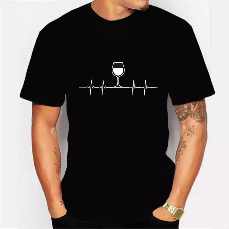Wine Heartbeat Print men T-Shirt Funny Wine Shirt Graphic Tee Tops Streetwear Summer tshirt cotton oversized male MEN t shirt