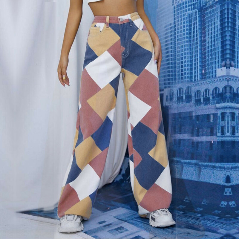 Calças femininas de costura multicolorida estampadas, calças compridas estampadas com tubo reto, calças largas quadriculadas e largas, 2022