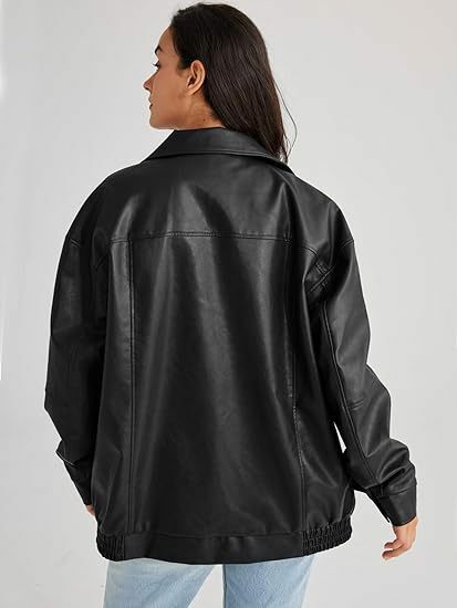 Jaket kulit imitasi ukuran besar wanita, mantel motor risleting dengan saku Musim Semi dan Gugur, pakaian Fashion 2024