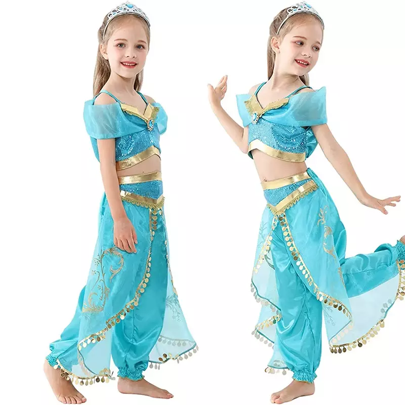 Vestido de princesa Jasmine para niñas, disfraz de Aladdín, accesorios, peluca, ropa de fiesta de Halloween