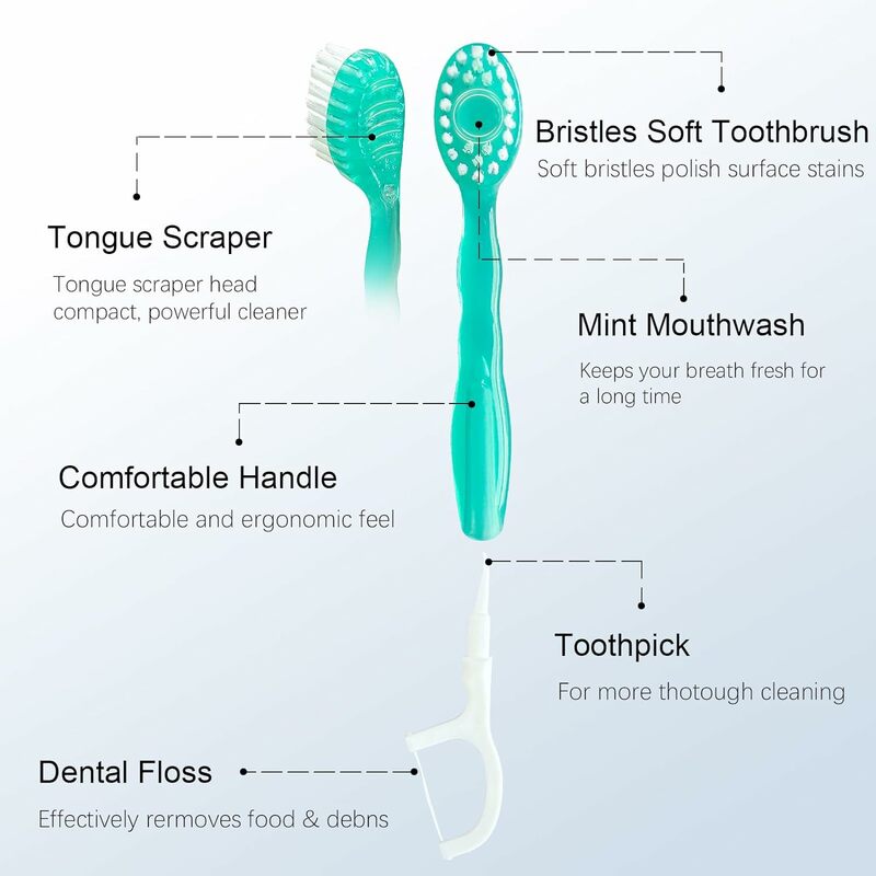 Mini cepillo de dientes de viaje desechable, cuidado bucal completo, incluye cepillo de dientes, pasta de dientes, limpiador de lengua, hilo Dental y púas, paquete de 24
