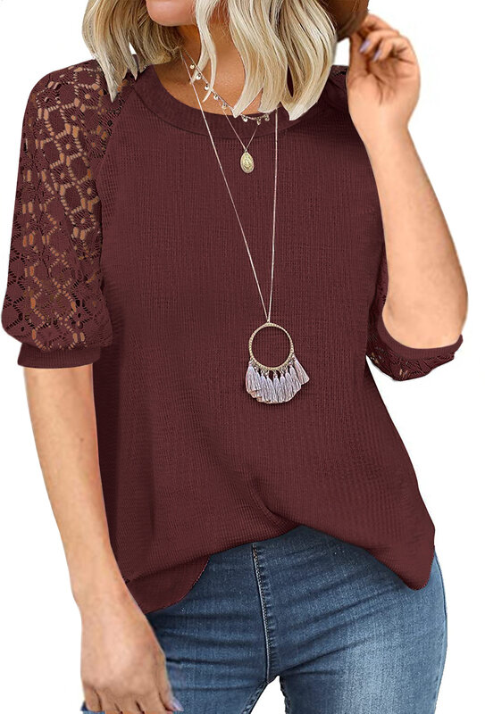 Женская футболка с вафельным кружевом, лоскутный топ с круглым вырезом и коротким рукавом