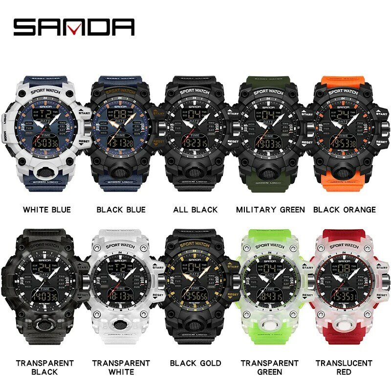 SANDA Sports Military Mens Watch Luxury LED Digital Watch Fashion Outdoor Electron Quartz Male Wristwatch Dual Display Men Clock