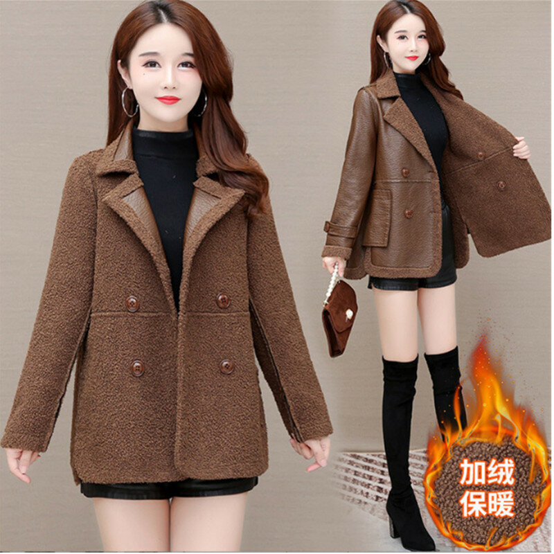 럭셔리 PU 가죽 재킷 여성용 플러시 두꺼운 더블 브레스트 겨울 코트, 여성 양면 착용, 우아한 숙녀 아우터 2403
