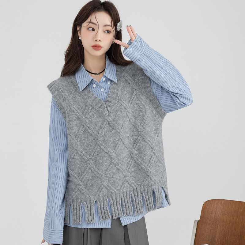 Frauen setzt gestrickte Pullover Westen blaue Hemden Quaste einfache koreanische adrette Art süßes Mädchen Argyle gestreifte All-Match-Streetwear