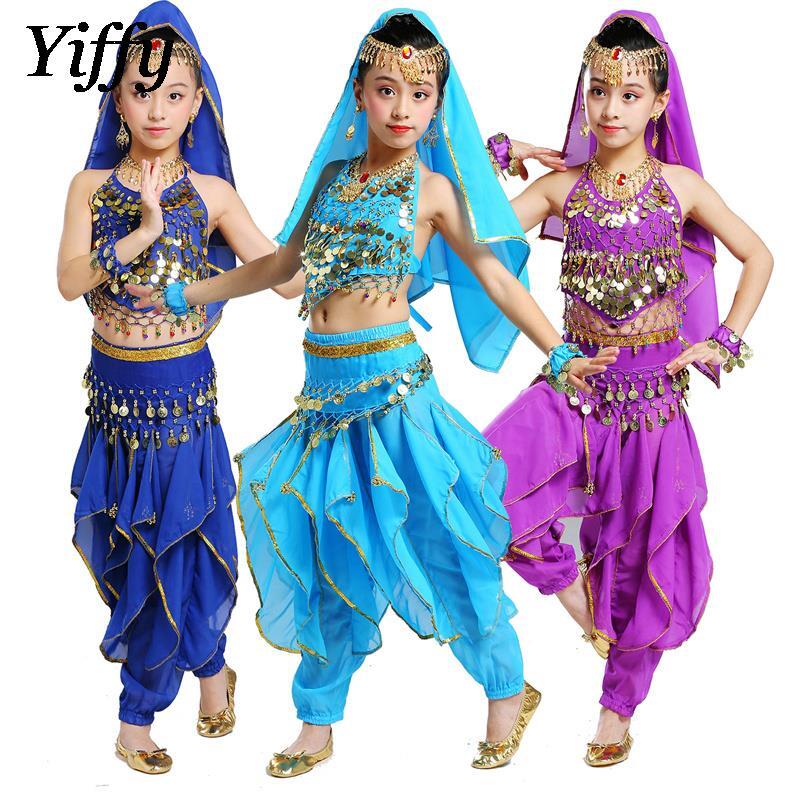 Set tari perut anak-anak baru kostum tari India anak-anak gaun pertunjukan tari etnik kecil celana putar cabai