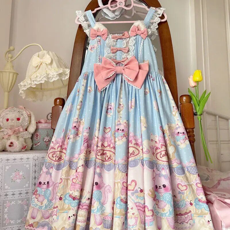 [Cute Cat Pastry Chef] Lolita Jsk Print Cute Suspenders Cute Jsk Dress Summer Sweet Kawaii Dress Harujuku Vintage Cartoon Dress