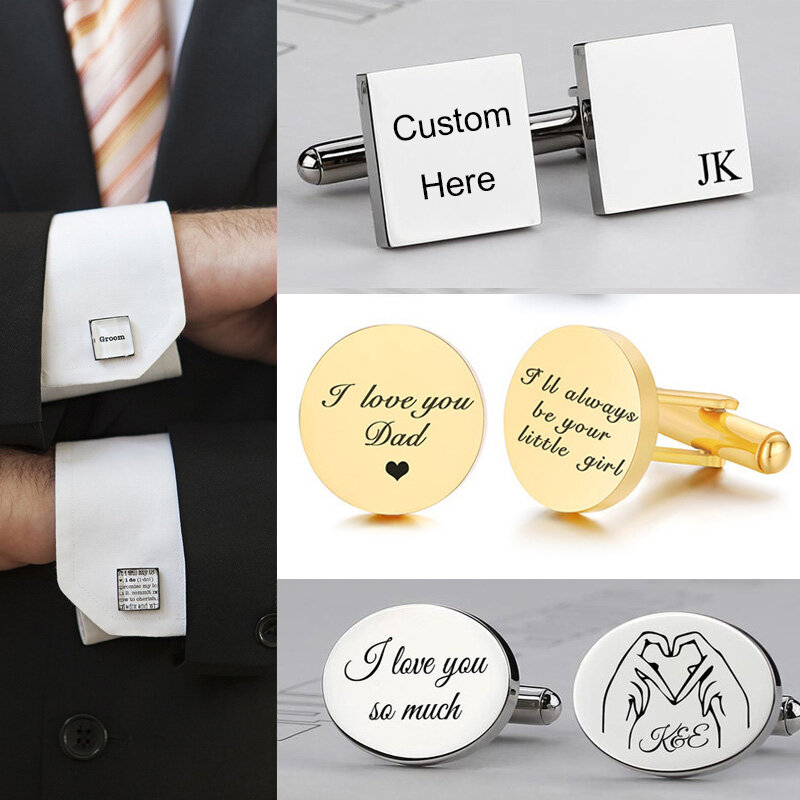 Gemelos de acero inoxidable para hombre, accesorio personalizado con botón para camisa, para fiesta y boda