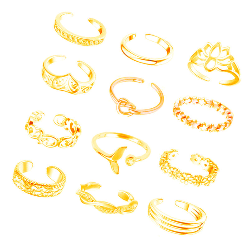 Кольца с открытым носком женские, регулируемые летние пляжные ювелирные украшения из сплава, цвет розовое золото/серебро/золото, 12 шт.