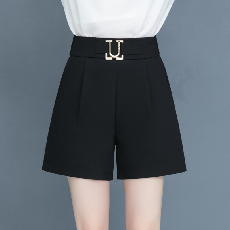 Ice-Short d'été taille haute pour femme, pantalon droit, polyvalent, jambes larges, couleur unie, patchwork, poche, mode coréenne