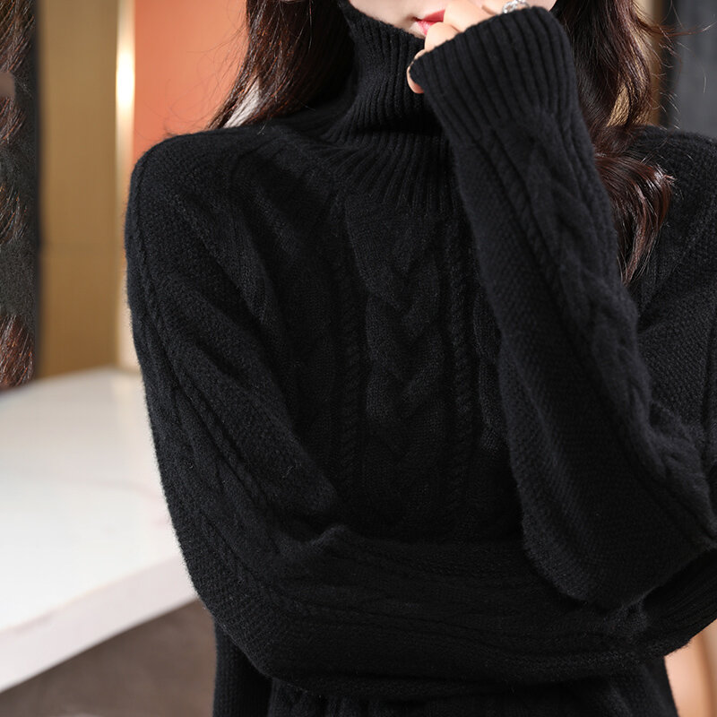 Sweter tebal kasmir berleher tinggi untuk wanita, Sweater Pullover rajut wol leher kura-kura mewah hangat warna polos musim gugur musim dingin