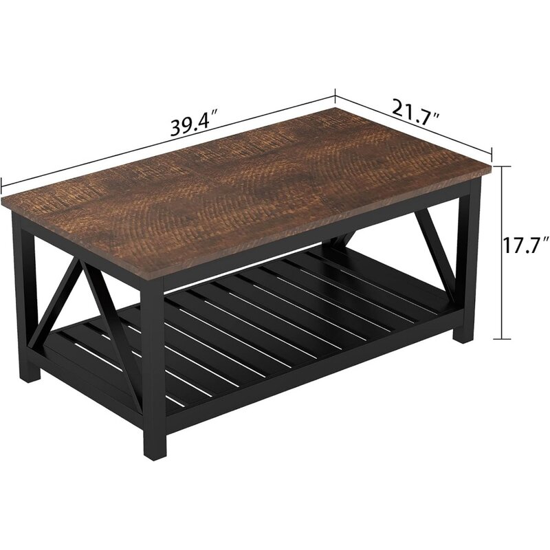 Table basse noire avec étagère de salon, table rurale et rétro, table basse 40 amarans